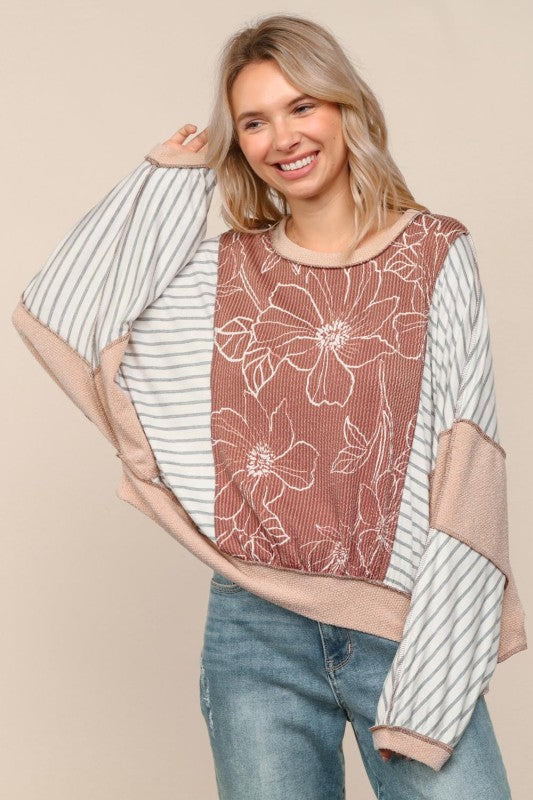 Haptics Mocha/Oatmeal Oversized Striped and in Floral Long Sleeve Dolman Top