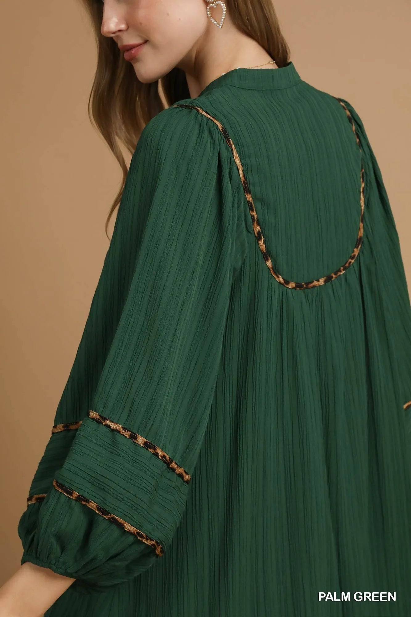 Umgee Palm Green Textured Babydoll Dress with Leopard Trim