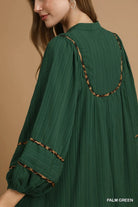 Umgee Palm Green Textured Babydoll Dress with Leopard Trim