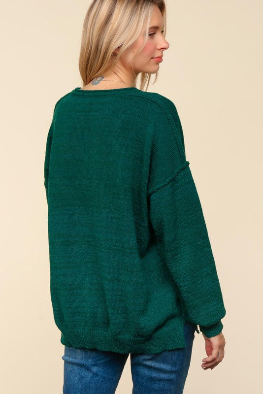 Haptics Hunter Green Notched Neck With Patch Oversized Sweater Sweater