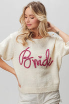 BiBi Ivory Bride Metallic Letter Short Puff Sleeve Hairy Sweater