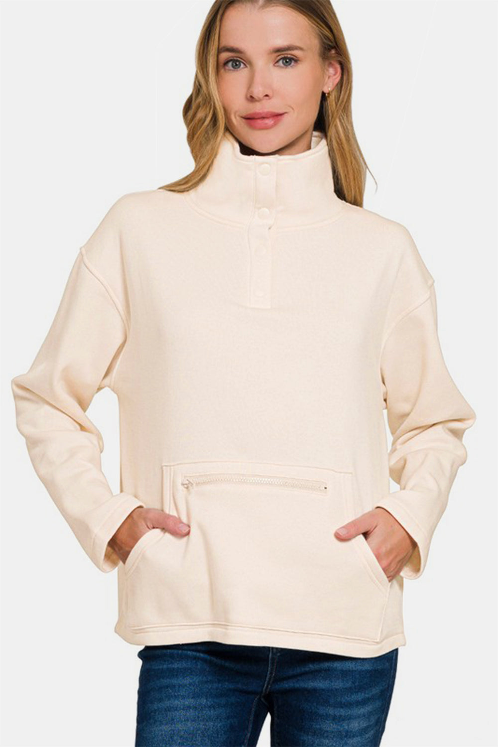 Zenana Cream Turtleneck Half Snap Fleece Sweatshirt Cream Shirts & Tops