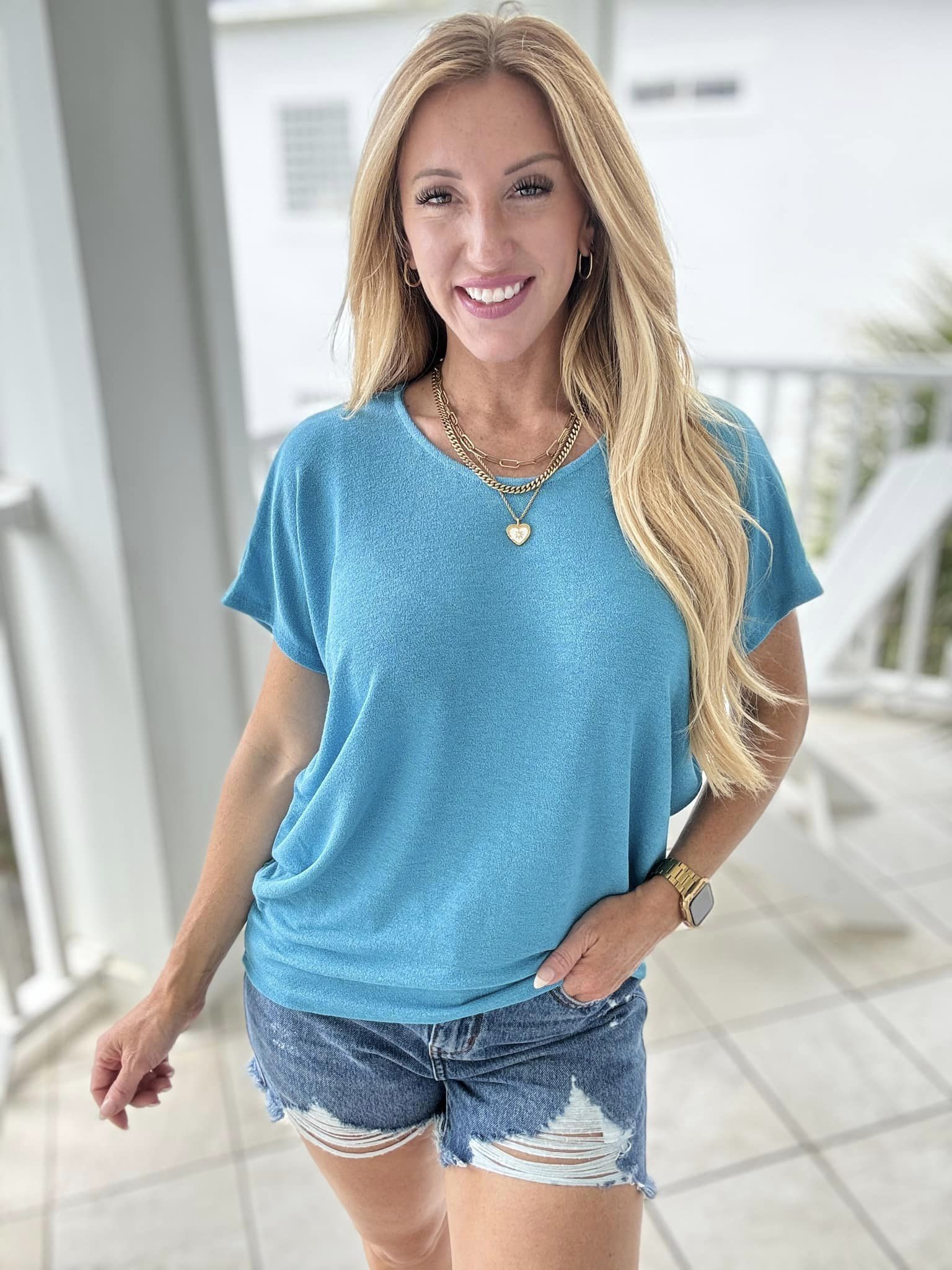 White Birch Short Sleeve Dolman Top in Turquoise Ave Shops