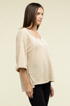 Zenana Brushed Waffle Exposed-Seam 3/4 Sleeve Top ZENANA