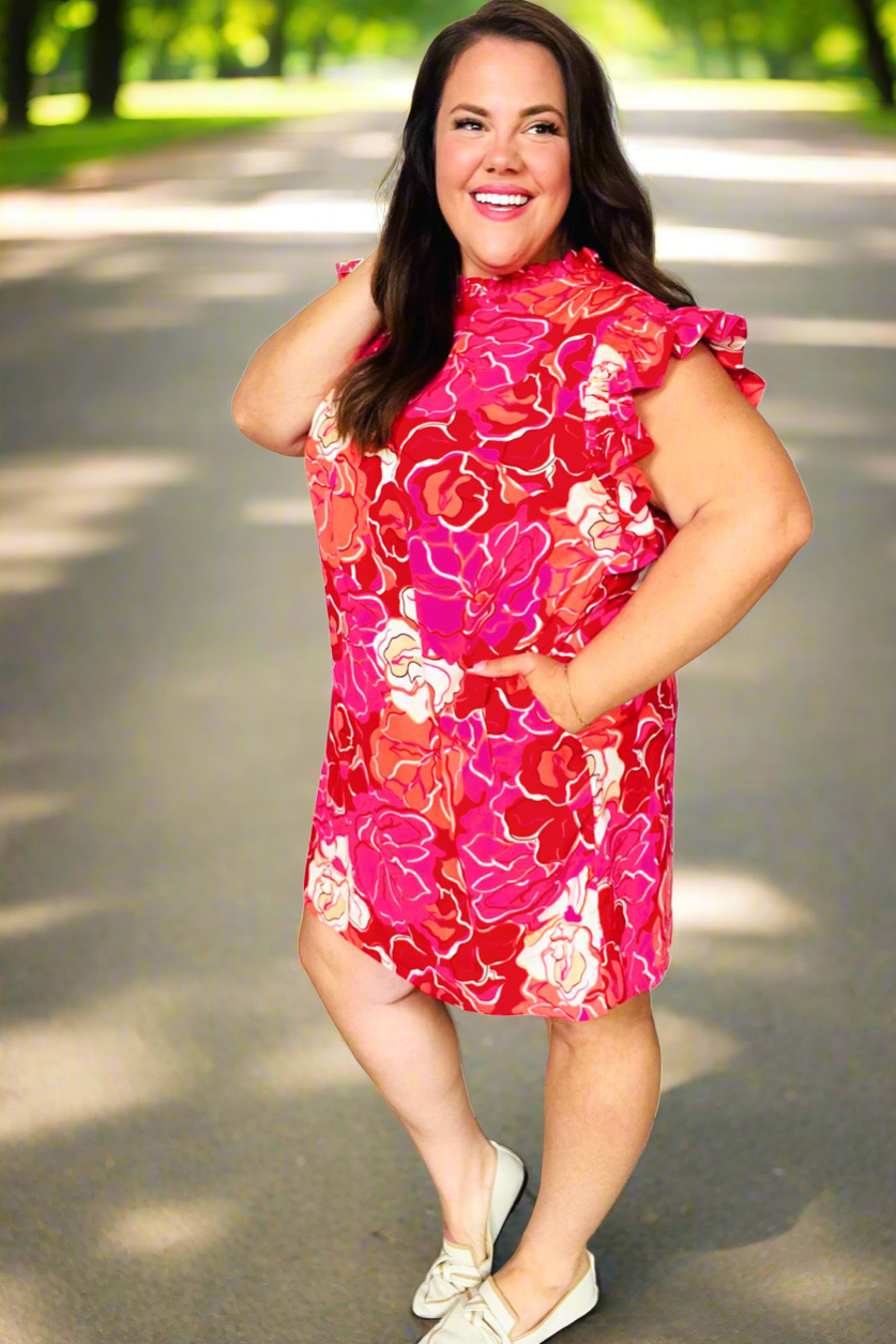 Jodifl True Love Pink & Red Floral Smocked Ruffle Sleeve Dress Jodifl
