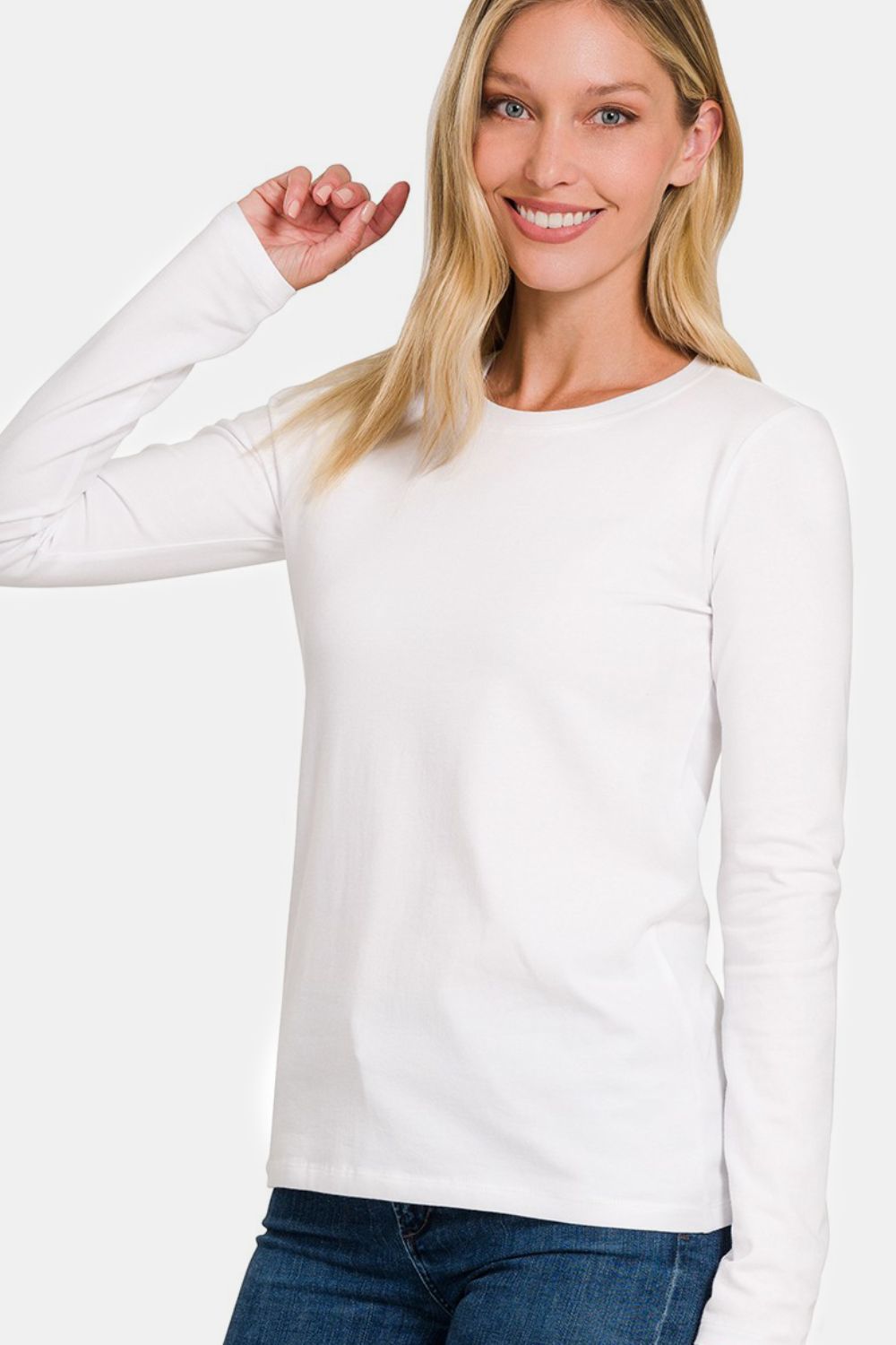 Zenana White Solid Color Round Neck Long Sleeve T-Shirt White Shirts & Tops