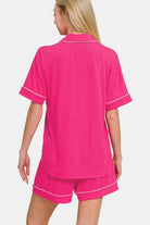 Zenana Hot Pink Button Down Short Sleeve Top and Shorts Lounge Set Loungewear