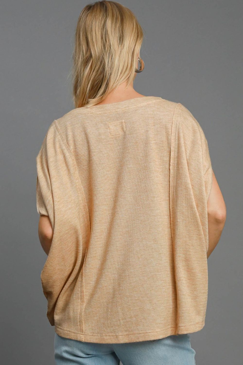 Umgee Tan Exposed Seam Round Neck Batwing Sleeve Knit Top Shirts & Tops