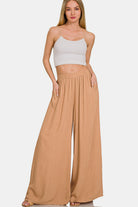 Zenana Pleated Linen Blend Wide Leg Pants in Dark Brush Trendsi