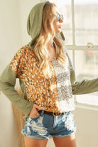 BiBi Dusty Sage & Mustard Popcorn Waffle Knit Hoodie with Print Block Front