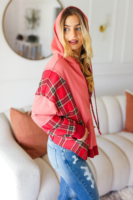 Haptics Adorable in Marsala Plaid Color Block Zipper French Terry Hoodie Shirts & Tops