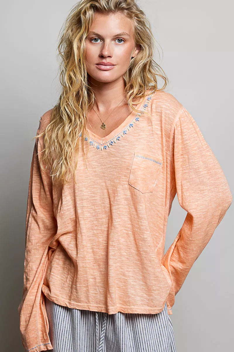POL Contrast Stitch V-Neck Lightweight Knit Long Sleeve Top CORAL PEACH