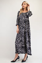 Celeste Gray Leopard Round Neck Flounce Sleeve Dress