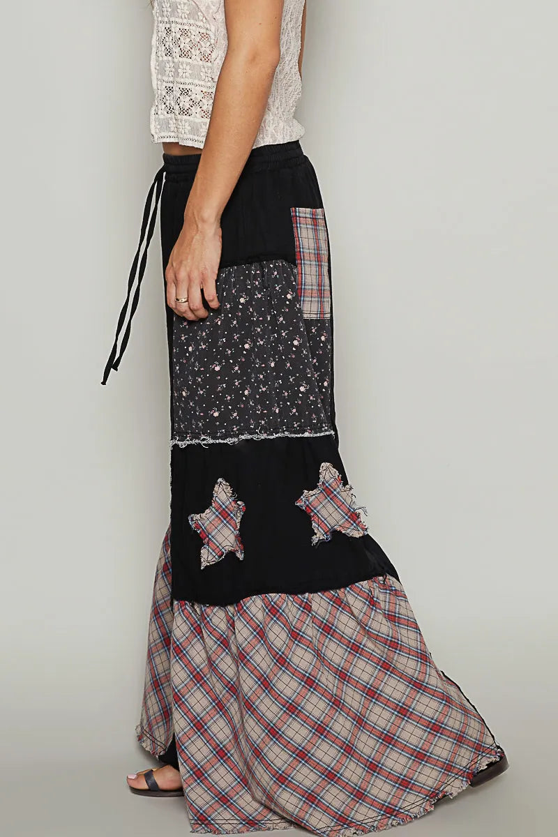 POL Black Star Patch Contrast Chambray Wide Leg Pants