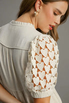 Umgee Oatmeal Ruffled Hem Heart Lace Sleeve Tie Neck Dress