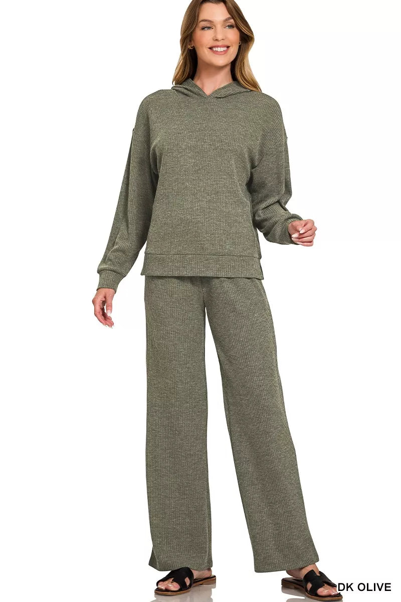 Zenana Olive Ribbed Long Sleeve Hoodie