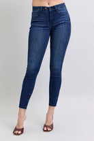 Judy Blue Dark Washed Mid Rise Skinny Jeans with Raw Hem DK