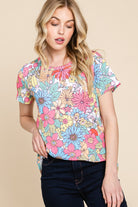 BOMBOM Multi Color Floral Short Sleeve T-Shirt Trendsi