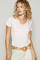 POL Baby Pink V-Neck Short Sleeve Ribbed T-Shirt with Contrast Overlock Stitching