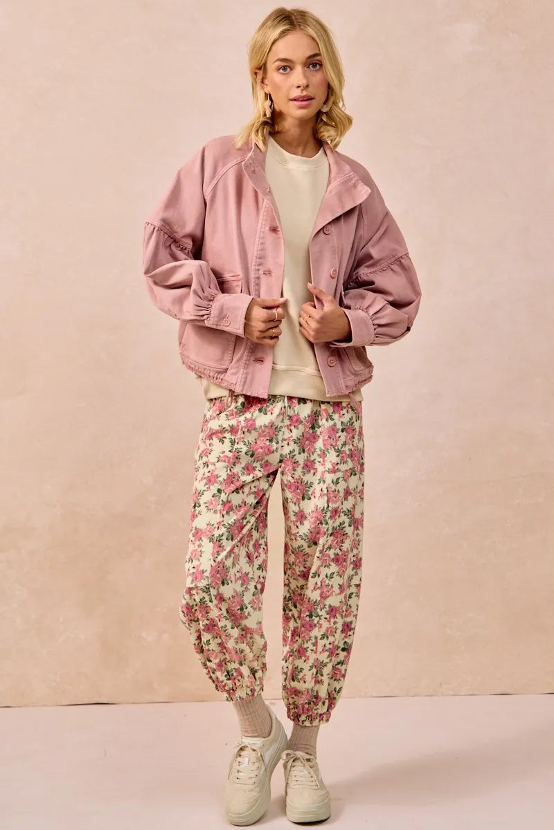 BiBi Cream & Pink Floral Printed Twill Drawstring Pants With Elastic Band
