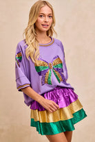 BiBi Lavender Mardi Gras Theme Ribbon Sequin Patched Top