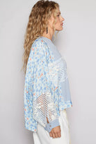 POL Sky Blue Round Neck Cropped Gauze Floral Pattern Top with Overlock Stitch Detail