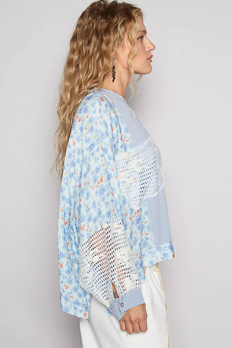 POL Sky Blue Round Neck Cropped Gauze Floral Pattern Top with Overlock Stitch Detail