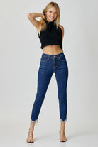 RISEN Dark Washed Embellished Mid Rise Crop Skinny Jeans Trendsi