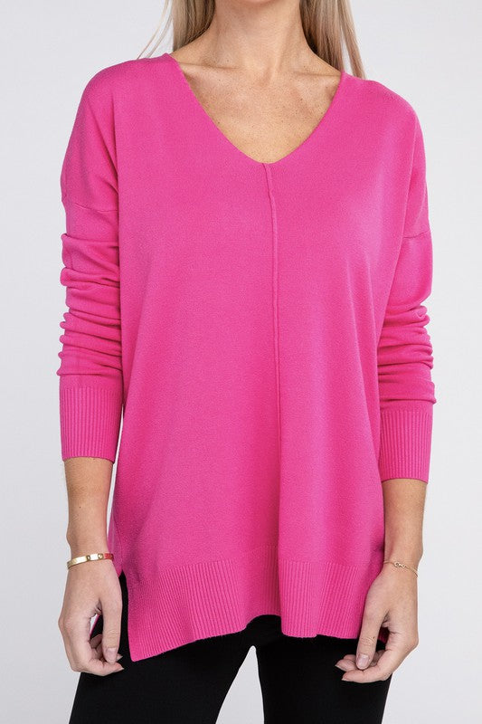 Zenana Garment Dyed Front Seam Side Slit Sweater NEON HOT PINK ZENANA