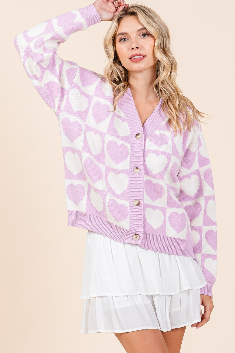 Mittoshop Lilac Checkered Heart Button Down Cardigan Lilac