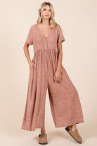 Mittoshop Ginger Mineral Wash Short Sleeve Flowy Wide Leg Jumpsuit Ginger Jumpsuit & Rompers