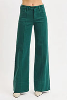 RISEN Hunter Green Tummy Control Mid Rise Wide Leg Jeans