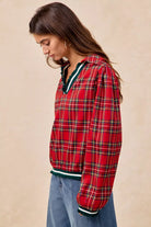 BiBi Christmas Red Plaid Collared Top with Ruffled Detail