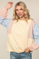 Haptics Solid Pullover Knit Top with Plaid Sleeves – Oatmeal/Blush/Blue
