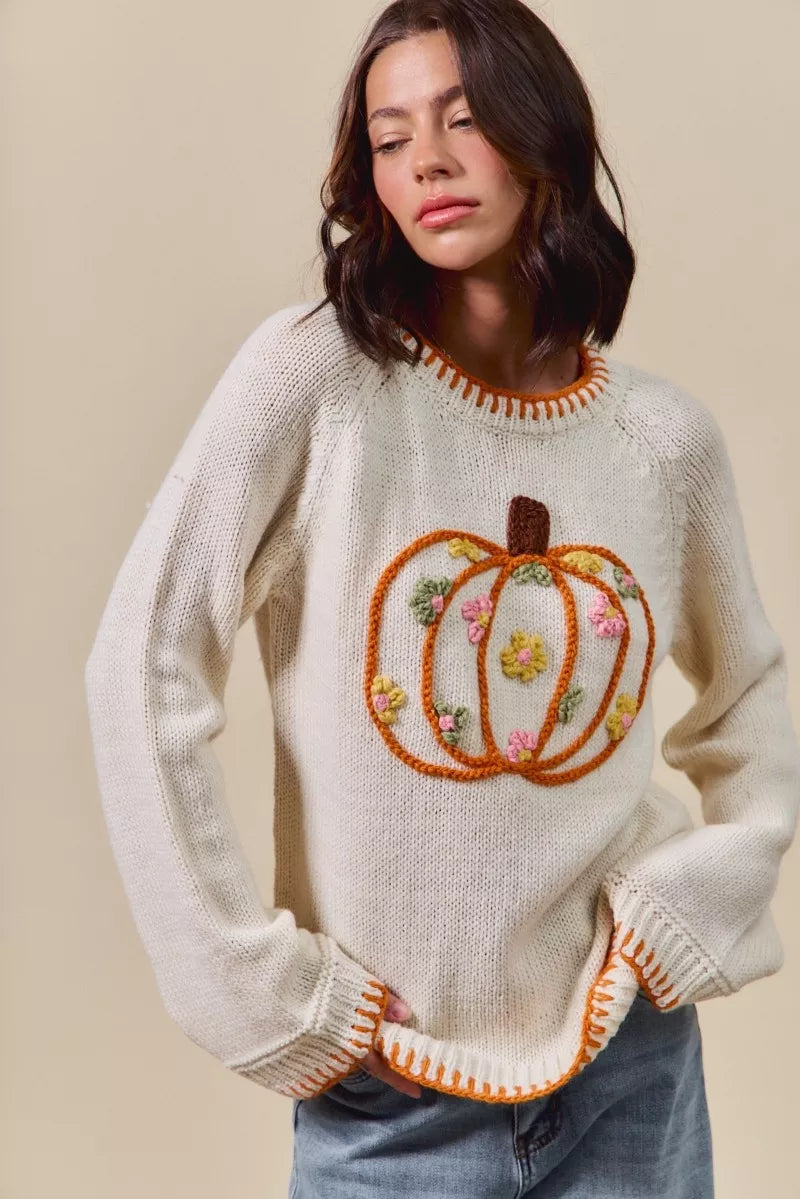 SO ME Pumpkin Floral Embroidered Thanksgiving Sweater
