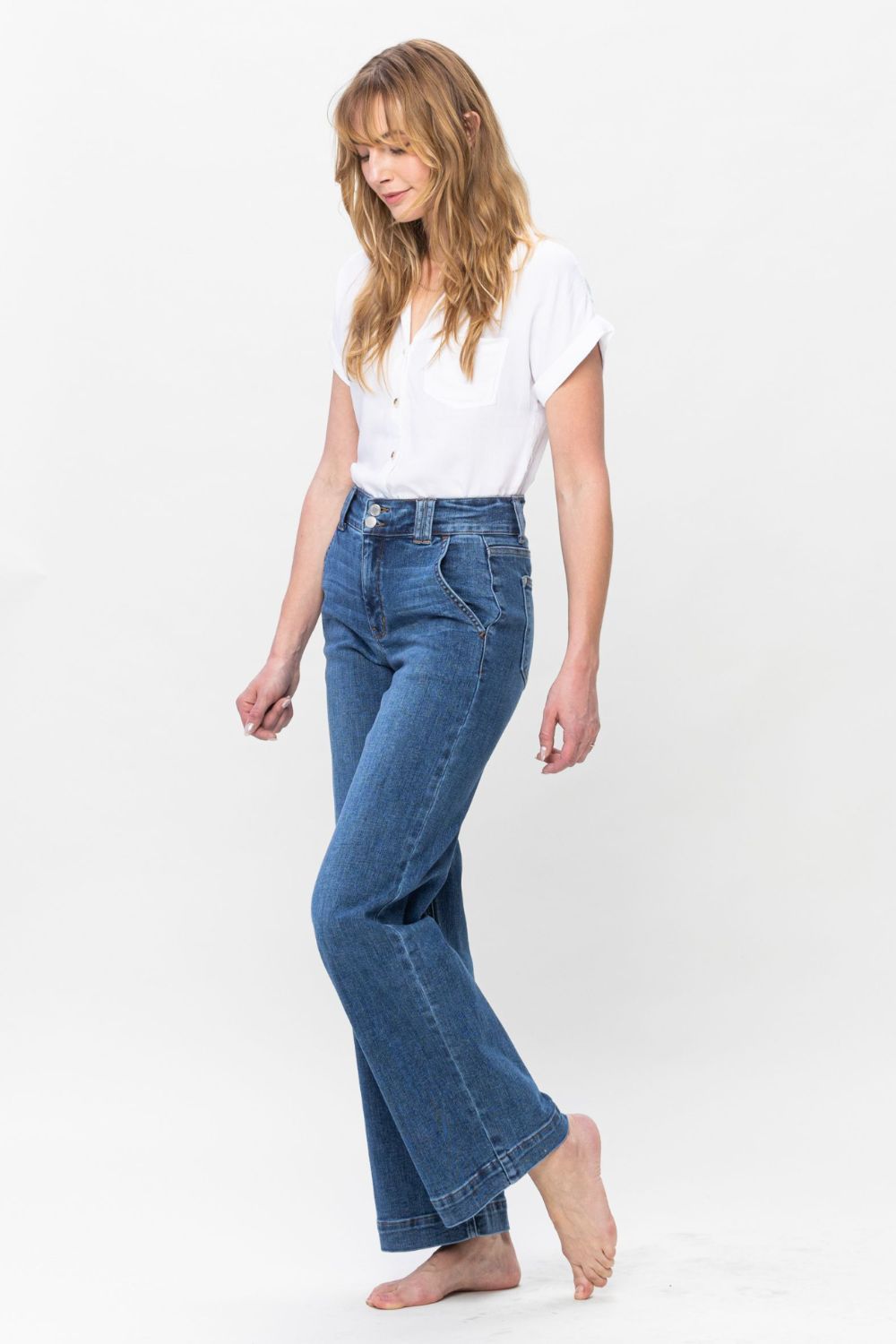 Judy Blue Double Button Wide Leg Medium Washed Jeans Trendsi