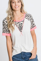 Heimish Ivory Leopard Round Neck Short Sleeve T-Shirt with Stitch