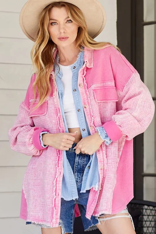 Lime 'N' Chili Pink Oversized Mineral Wash Cotton Gauze Shacket PINK