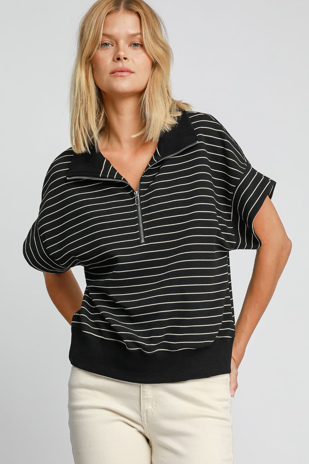 Umgee Black Striped Half Zip Short Sleeve Sweatshirt Black Shirts & Tops