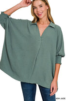 Zenana Ash Jade Airflow Collar Tee with Smocked Sleeve Band Top