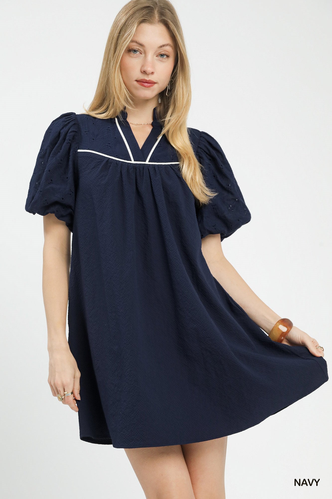 Umgee Navy Puff Sleeve Textured Babydoll Dress NAVY