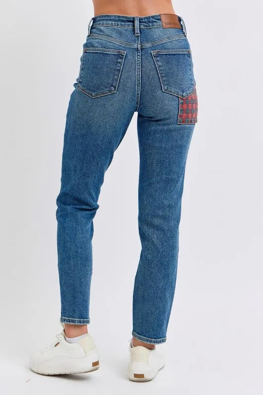 Judy Blue High Waisted Plaid Patch Slim Fit Jeans