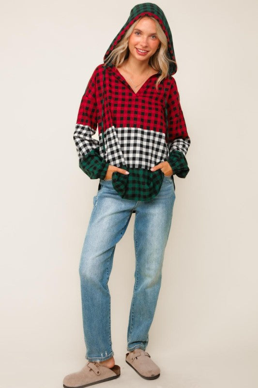 Haptics Color Block Plaid Woven Top with Hoodie