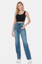 Judy Blue Tummy Control Cut Raw Hem Straight Jeans Trendsi