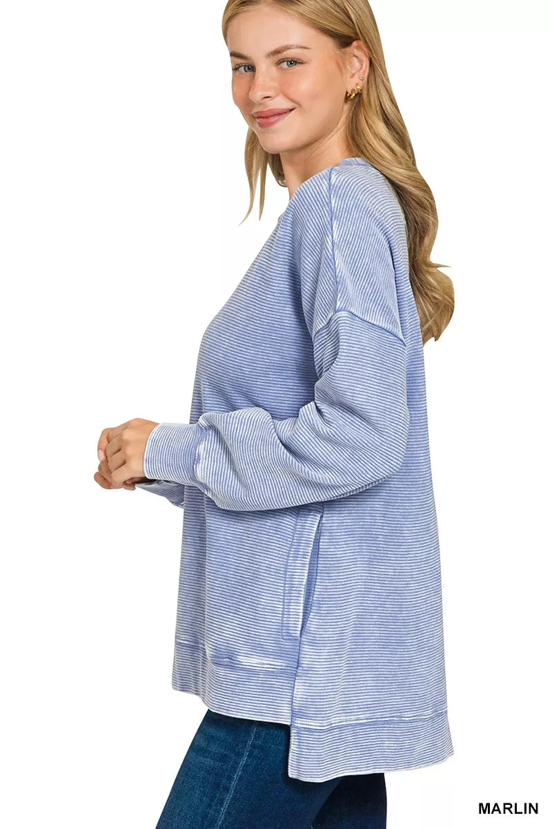 Zenana Marlin Acid Washed Double Ribbed Hi-low Sweatshirt