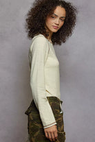 POL Cream Round Neck Long Sleeve Contrast Stitching T-Shirt with Stud Detail