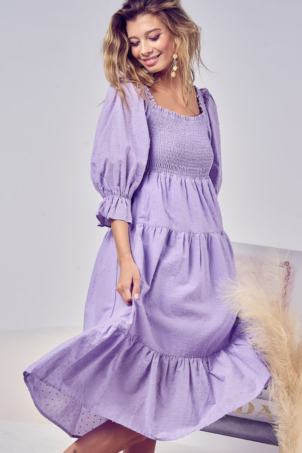 BiBi Lavender Swiss Dot Flounce Sleeve Smocked Tiered Midi Dress Lavender Trendsi