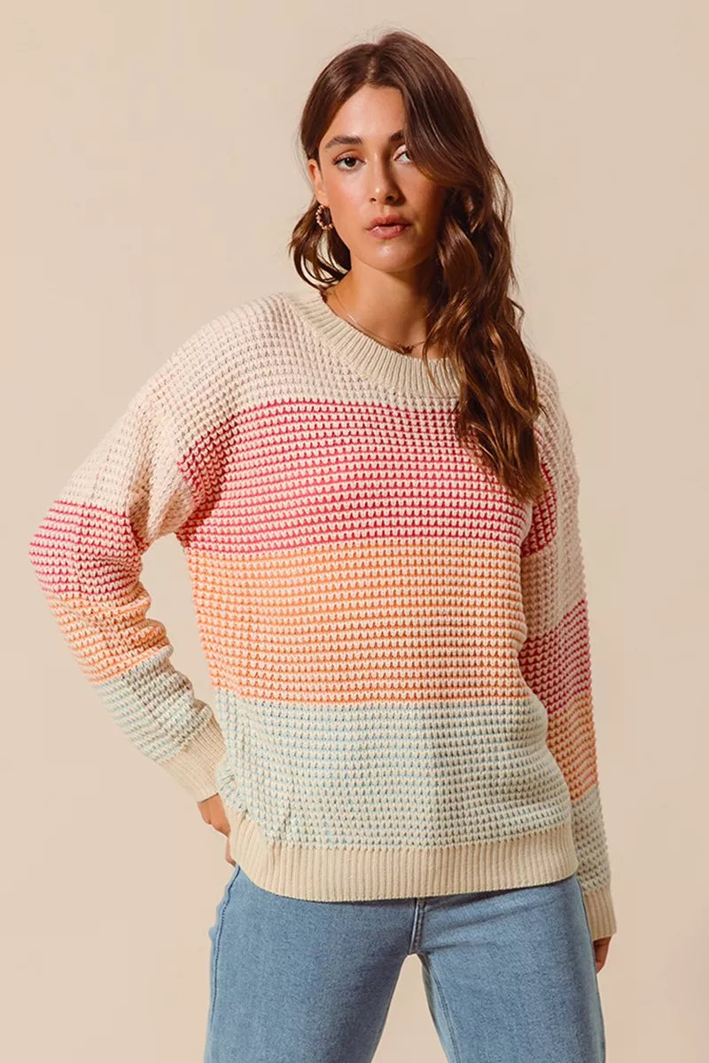 SO ME Oatmeal Combo Multi Color Block Long Sleeve Sweater OATMEAL COMBO