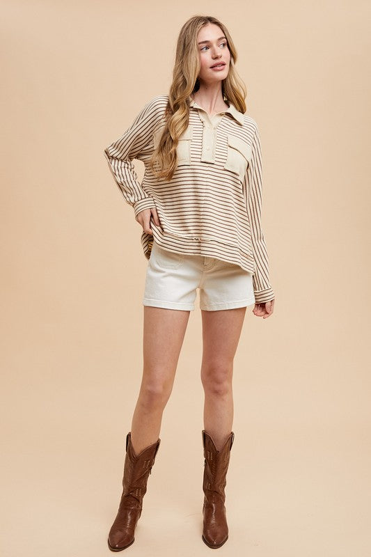 Annie Wear Taupe Striped Button Detail Long Sleeve Polo Top