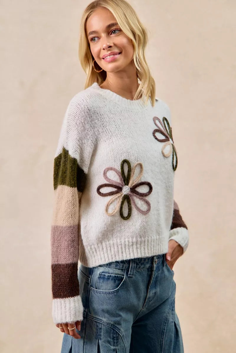 BiBi Ivory & Mocha Flower Color Block Sweater